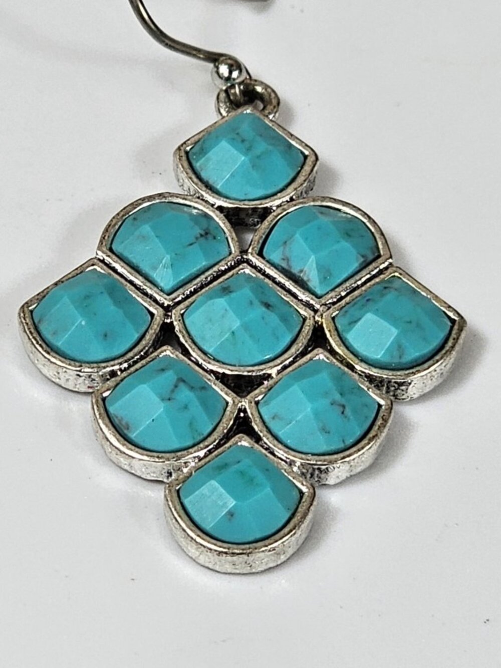 Turquoise Dangle Earrings Silver Tone Geometric Drop Jewelry VTG - Picture 8 of 9